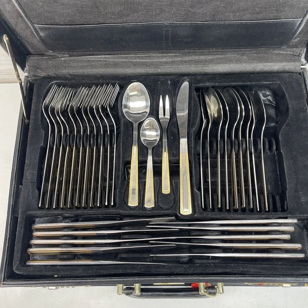 Solingen Germany 18/10 Stainless Gold Trim Flatware 66 Piece Set with Case